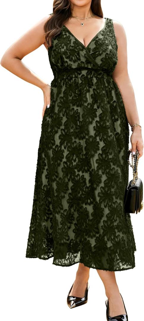 RWJ Women's Plus Size Wedding Guest Dress 2026 Floral Lace Wrap V Neck Sleeveless Formal Cocktail Party Maxi Dresses Sexy Elegant Evening Prom Summer Smocked Olive Green 3X-Large