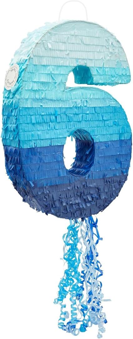 BLUE PANDA 6 Pinata Pull-String - Ombre Blue 16.5 x 11.3 x 3 In - Number 6 Pinata for Birthday Decorations & Party Decoration