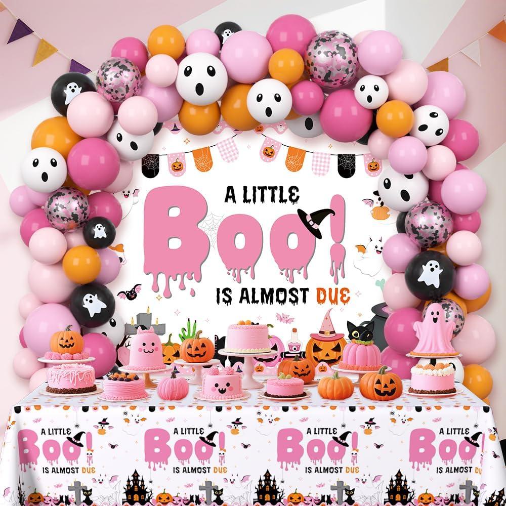 112pcs Halloween Baby Shower Balloon Arch Kit Decorations Pink A Little Boo Is Almost Due Baby Shower Girl Balloons Arch with Banner Ghost Groovy Halloween Birthday Party Decorations Supplies
