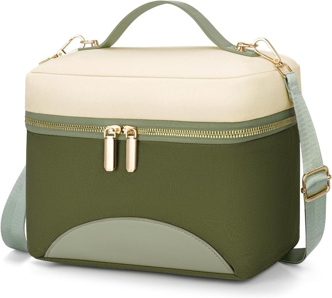 WOOMADA Insulated Lunch Bag For Women - Leakproof Adult Lunch Box With Adjustable Strap, Ideal For Office, Picnic, Hiking, Beach - Stylish Cooler Tote Bag (Large, beigegreen)