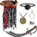 ZIZWO 6PCS Pirate Costume Accessories for Adult,Halloween Pirate Hat with Dreadlocks,Eye Patch Earring Skull Necklace Plastic Knife Silver Ring for Men Woman Cosplay