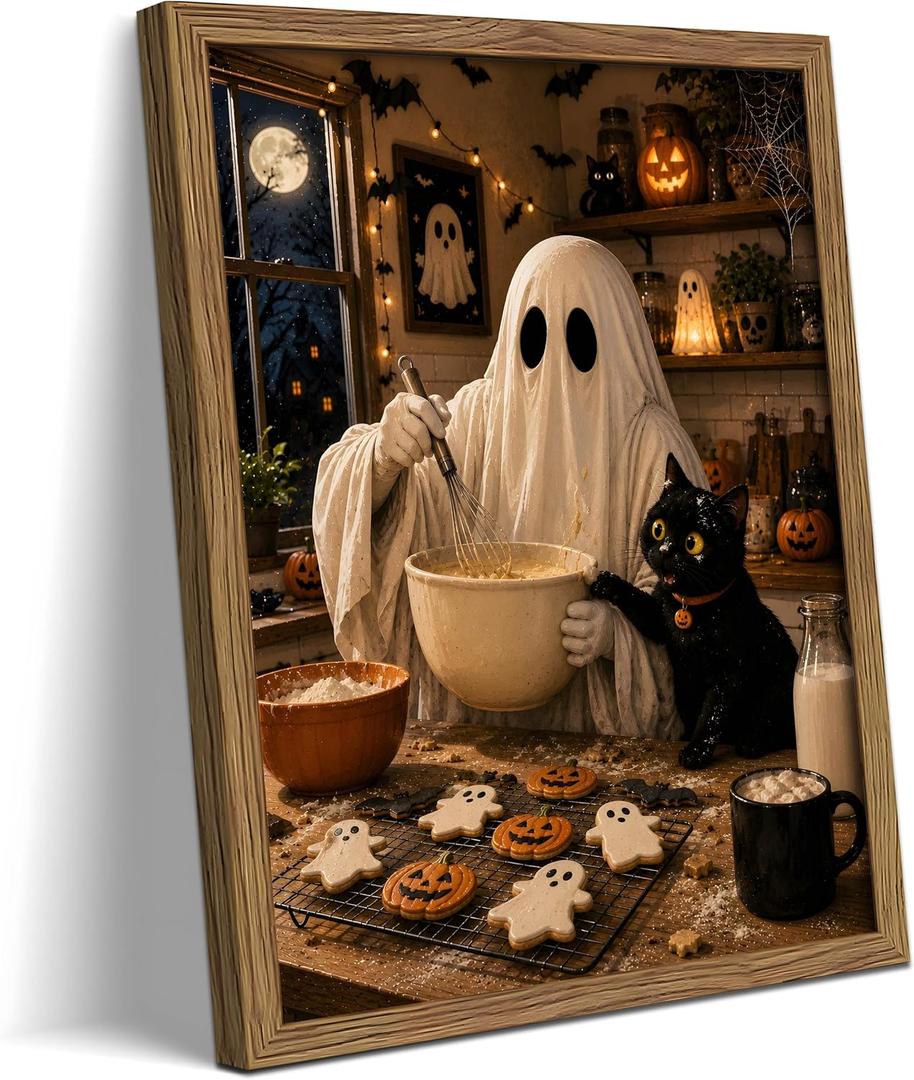Framed Funny Halloween Kitchen Canvas Wall Art, Ghost Baking Cookies with Black Cat Wall Decor, Spooky Pumpkin Canvas Print Poster for Kitchen Dining Room Halloween Home Decor 16x24 Inch