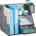 Marbrasse Desk Organizer and Accessories, 3-Tier File Organizer with Drawer and Pen Holder, Small Desktop Organizer and Storage for Workspace Office Supplies Black