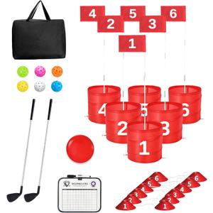 Golf Bucket Yard Game 6-Hole Set with 2 Clubs, Portable Outdoor Yard Game for Family and Adults, Golf Chipping Practice for Lawn, Beach, Camping, Park, Red