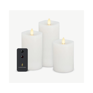 Luminara Realistic Flameless LED Candle White Set of 3, Battery Operated with Remote Control, Moving Flame Pillar Timer Function Melted Top Safe