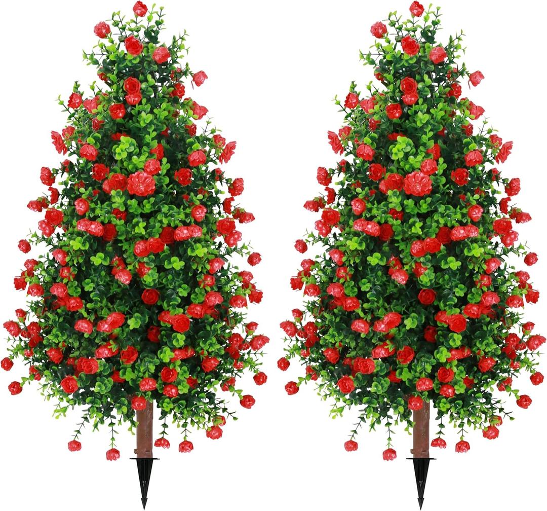 Sunnyglade 2 Packs 27.5" Artificial Rose Tree, Fake Rose Shrub Bushes Trees with Spike Faux Topiary Plants Tree for Indoor, Garden, Yard, Porch, Patio Decor (Red)