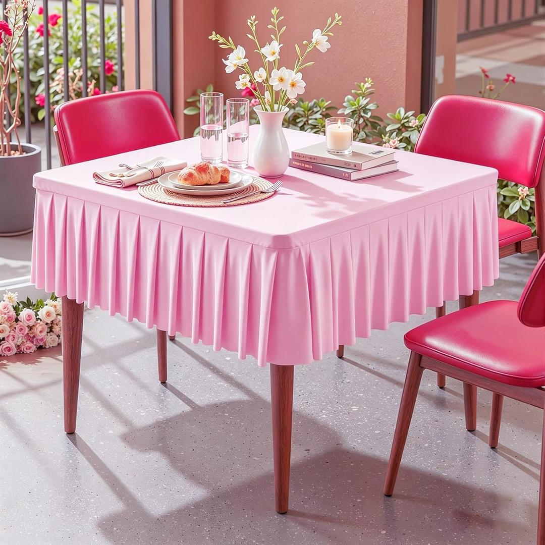 Pink Square Tablecloth - 34x34 Inch Stretchy Fitted Tablecloths for Small Square Card Tables with Ruffle Pleated Table Skirt Wrinkle-free Spandex Table Cover for Dining, Kitchen, Patio & Gift Display