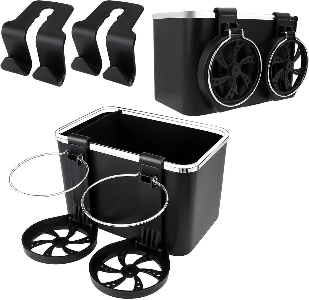 Car Armrest Storage Box with 2 Cup Holders, 2024 New Car Center Console Organizer for Water Tumbler Paper Towels Cellphones, Universal Car Storage Box Include 2 Car Back Seat Hook