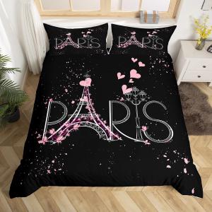 Feelyou Paris Comforter Cover Set King Size Eiffel Tower Bedding Set Kids Girls Black Pink Chic Paris Bedroom Decor Duvet Cover Boys Women Romantic Modern French Bed with 2 Pillow Case (No Comforter)