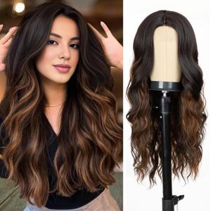 Long Mix Brown Wig for Women 26 Inch Middle Part Wavy Women Charming Hair Realistic Natural Looking Synthetic Heat Resistant Fiber Wig for Daily Party Use
