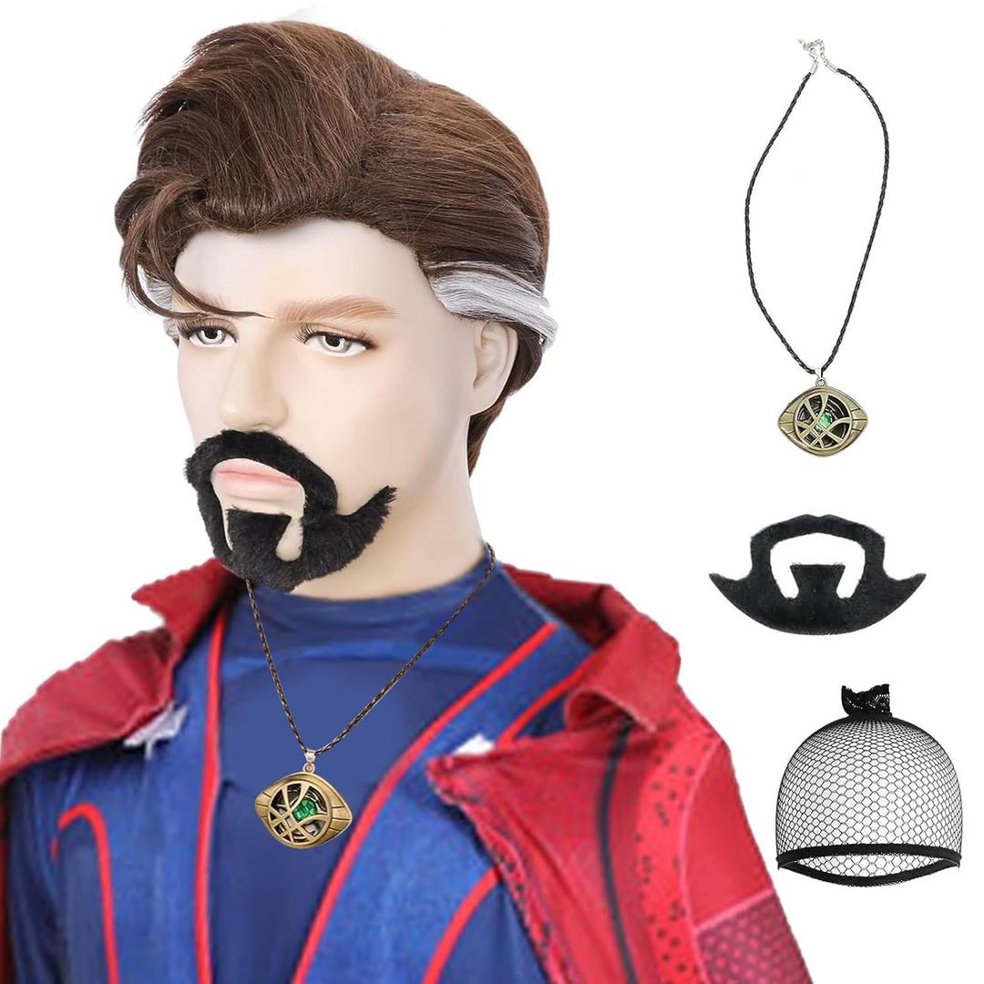 +1 Necklace+1 Mustache+1 Wig Cap Brown Wig with White Highlights for Men Wizard Wigs Short Straight Synthetic Cosplay Wigs for Halloween Costume Party