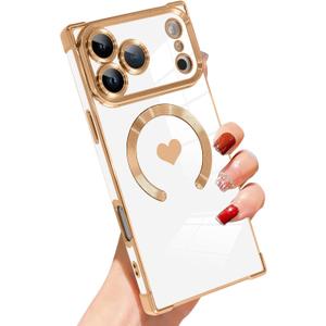 SAKUULO Case for iPhone 17 Pro Cute Plating Case[Compatible with Magsafe] for Women Girls Electroplated Heart Soft TPU Shockproof Camera Protection Bumper Cover for iPhone 17 Pro 6.3",White