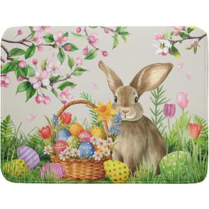 Easter Bunny Colorful Eggs Dish Drying Mat for Kitchen Counter,Spring Flowers Green Grass Drying Mat 18 x 24 Inch with High Absorbent Microfiber Drainer Mat for Coffee Bar