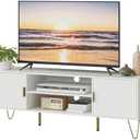 TV Stand for 55-65 Inch TV, Entertainment Center with Soft Hinge Door,TV Console Table with 2 Cabinets with Gold Handle and Feet,for Living Room, Bedroom, White