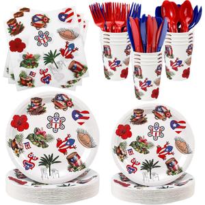 FoldTier 350 Pcs Puerto Rico Party Supplies Disposable Paper Plates Napkins Cups Puerto Rico Theme Birthday Party Decorations Tableware Flag Frog for Holiday Festival Family Friends Serve 50 Guests