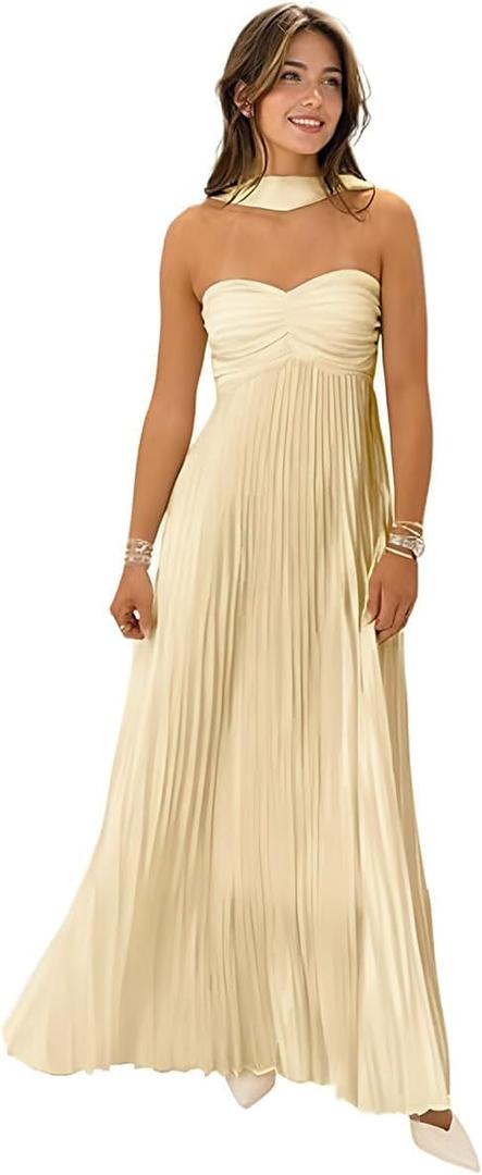 Women Bridesmaid Dress with Scarf Strapless Pleated Flowy Formal Evening Gown Maxi Dresses (Gold, S)