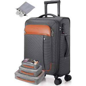 UKEIN Expandable Carry On Luggage 22x14x9 Airline Approved, 20Inch Softside Carry On Suitcase with Wheels & TSA Lock, Travel Suitcase with 4-Piece Packing Bags for Women Men (Grey, Carry on 20in)