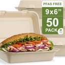 [50 COUNT]Harvest Pack PFAS FREE 9 X 6" Compostable Clamshell Food Containers, Heavy-Duty Hinged Container, Disposable Bagasse Eco-Friendly Natural Takeout to go Box, Made from Sugarcane Plant