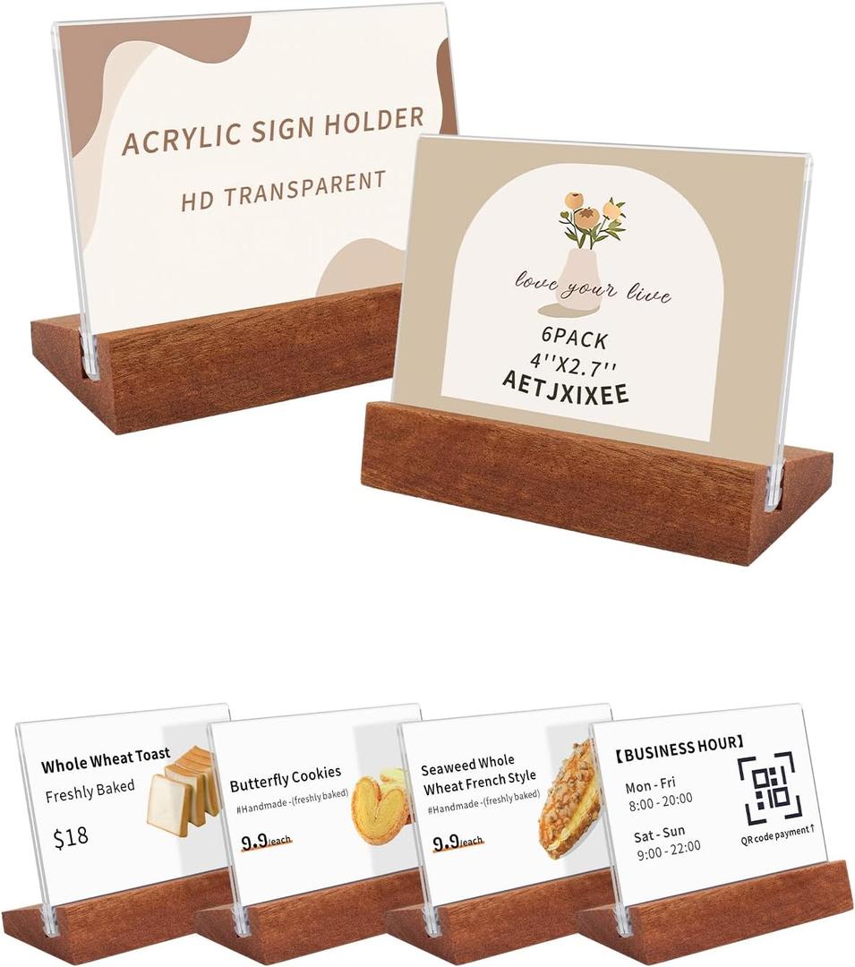 6 Pack Horizontal Acrylic Sign Holder with Wood Base 3.94x2.76 Inch Clear Tabletop Label Holder for Retail Store/Hotel/Restaurant Product Tag Note Place Card Name Sign Display