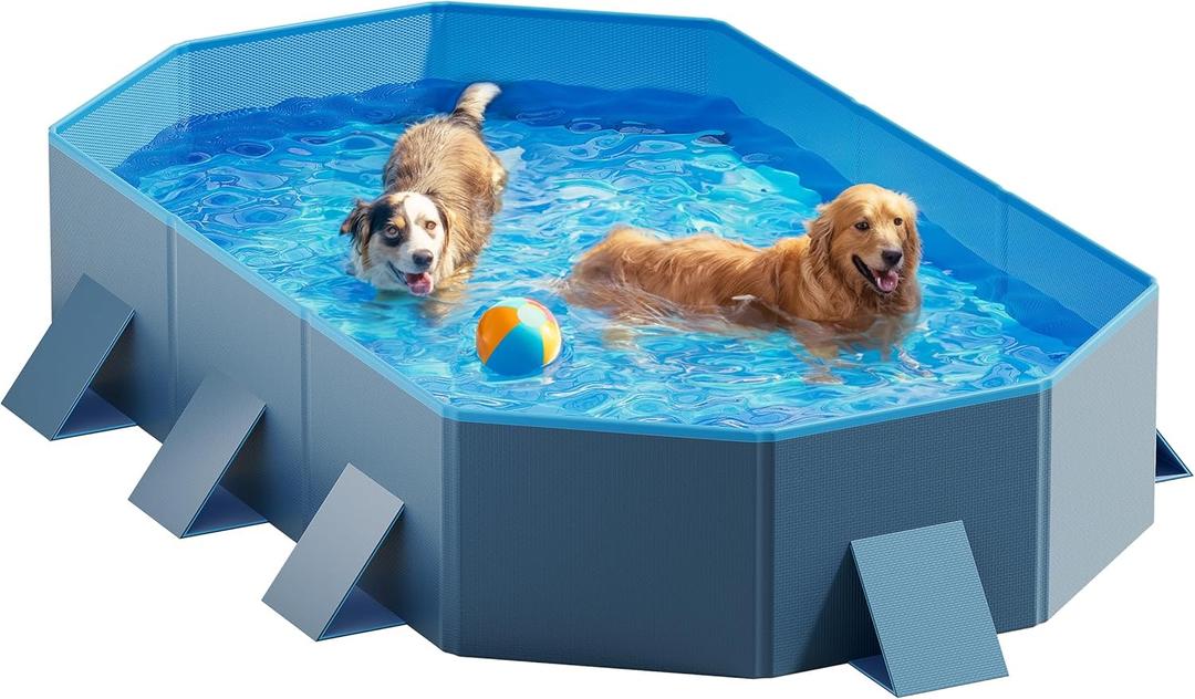 Peteast Foldable Dog Pool with Sturdy Square Design, Durable 71" Lx39 Wx12 D Extra Large Portable Pet Bathtub with Reinforced Sidewalls for Stability, Ideal for Indoor & Outdoor Use (Blue&Dark Gray)