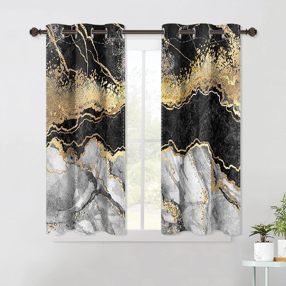 Blackout Curtains Black Grey Gold Marble Window Drapes Fluid Gold Foil Gothic Window Curtains Modern Abstract Art Window Treatments for Youth Living Room Bedroom Kitchen, 21x63 inch, 2 Panels