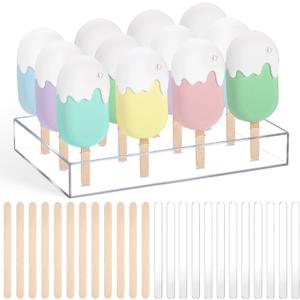 Gejoy Cakesicle Stand Display 12 Holes Acrylic Cake Pop Stand with 12 Pcs Reusable Acrylic Sticks and 50 Pcs Wooden Sticks Clear Ice Holder for Dessert Table Birthday Wedding