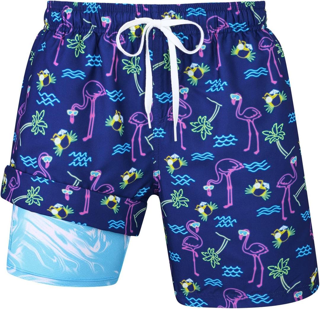 Uideazone Hawaiian Swim Trunks with Compression Liner for Men Blue Flamingo Plam Tree Graphic Bathing Suit Beach Board Shorts for Surf M
