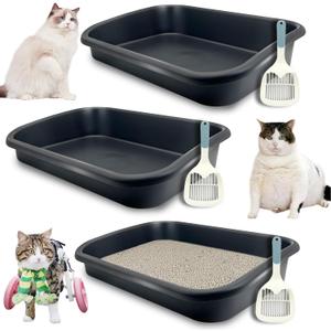 BNOSDM 3 Pcs Large Cat Litter Box, Low Entry Senior Litter Box Open Top Pet Litter Tray with Scoops for Older Cats or Disabled Senior Cats, 23x16.5x4.3 Inches (Black)