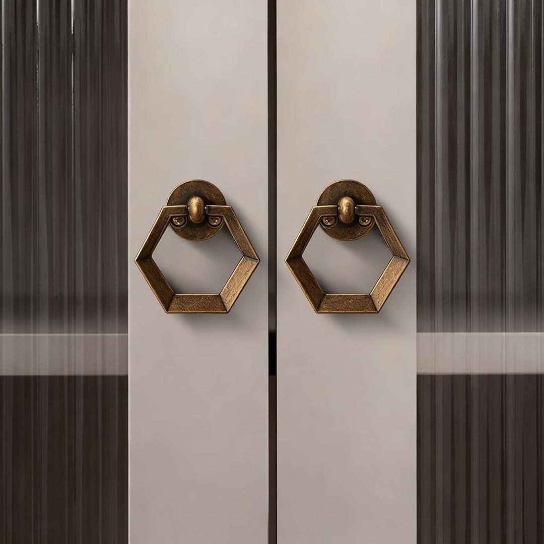 Vintage Hexagonal Cabinet Handles, Antique Bronze Zinc Alloy Drawer Pulls, 4 Piece Set, Geometric Door Knobs with Mounting Hardware
