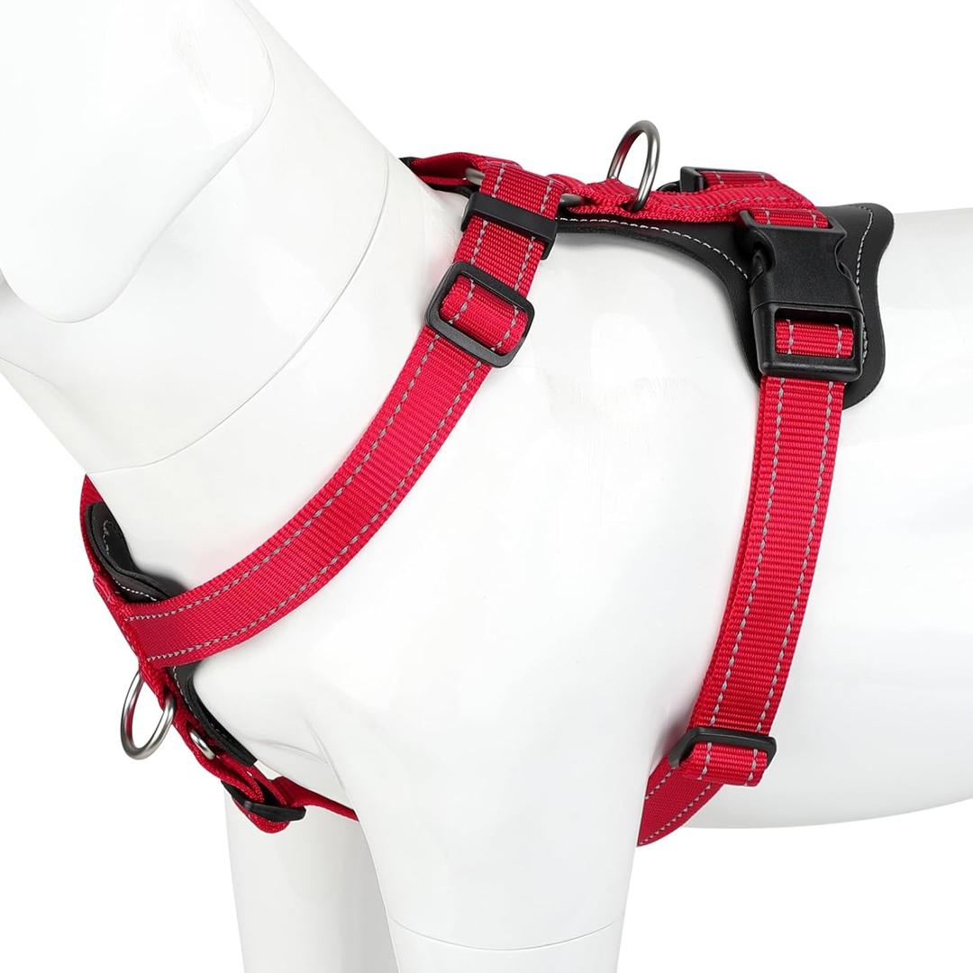 Plutus Pet Adjustable No Pull Dog Harness with Leather Accents, Heavy Duty Reflective Nylon Vest for Training, Hiking, Easy Walk Harness for Small, Medium, Large Dogs (Red, M)