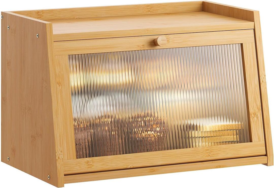 GHWIE Large Bread Box, Easy Access & Cleaning - Bamboo Bread Box for Kitchen Countertop with Acrylic Door (Natural, Medium)
