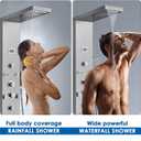 ROVOGO Shower Panel with 4 Body Jets and 4 Mist Spray, Rainfall Waterfall Shower Column Tower with Handheld, Tub Spout and Water Temperature Display, 304 Stainless Steel Brushed