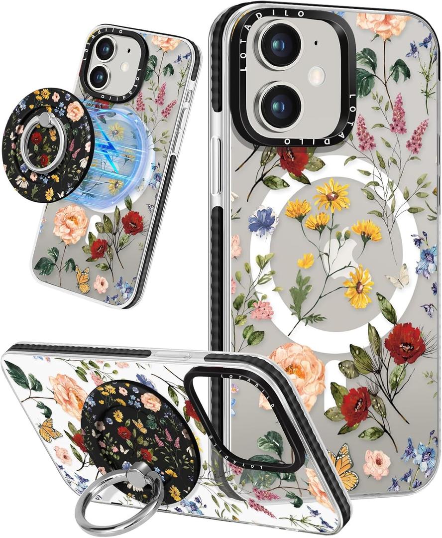 Lotadilo Cute Case for iPhone 11 for Women Girls - Funny Design Compatible with Magsafe Magnetic Ring Holder Kickstand Retro Flower Fashion Pattern TPU Phone Covers for iPhone 11 Phone Case
