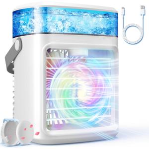 Rechargeable Portable Air Conditioner, 2200mAh 3 Powerful Speeds Mini Air Conditioner, Large Water Tank Evaporative Air Cooler, Personal Space Cooler Humidifier, Small Portable AC Fan for Home (White-01)