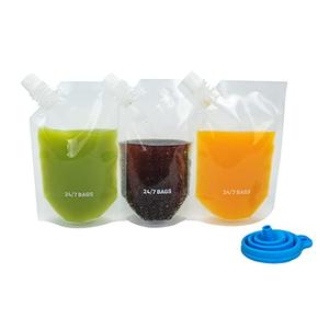 24/7 BAGS 50 Pack- 8 Oz Disposable Drink Pouches with Screw On Cap, Zero BPA, Stand Up, Concealable, 50 Caps Included with Silicone Funnel, Liquor, Juices, & More