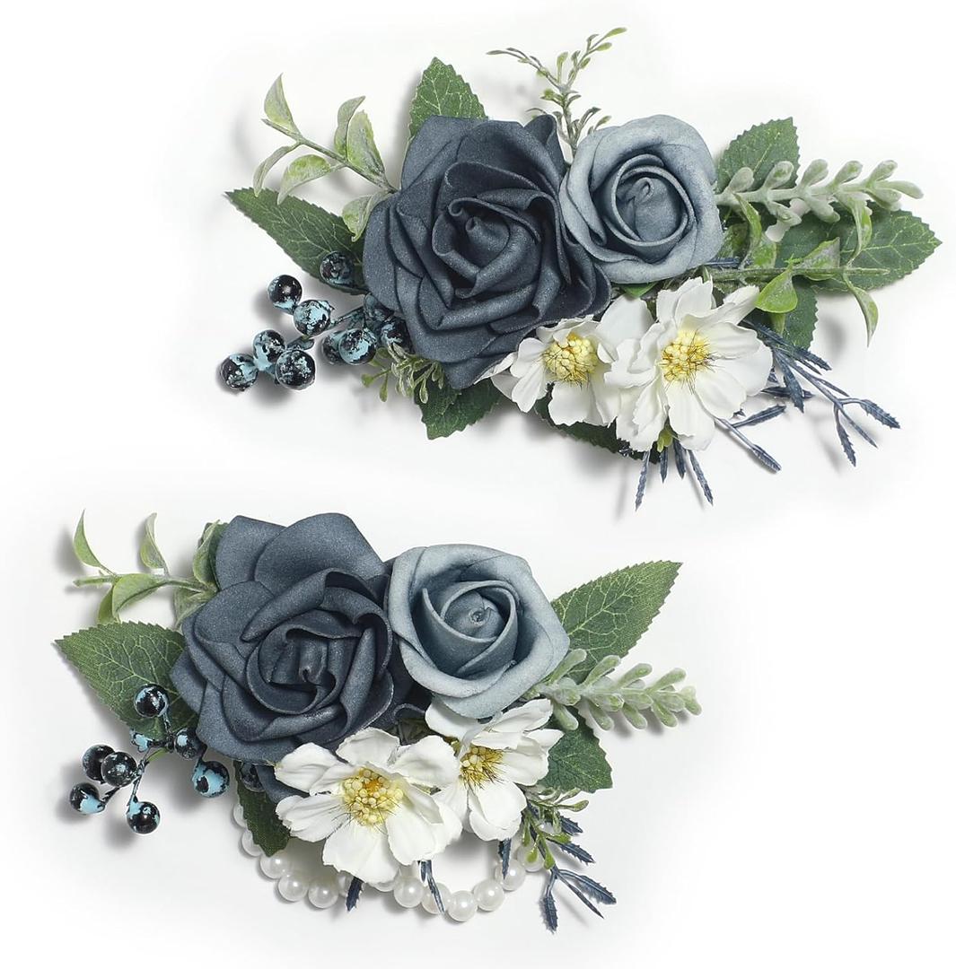 Serwalin 2 Pcs Wrist Corsage and Boutonniere Set, 6-7 Inch Dusty Blue Corsage for Wedding, Boutonniere for Men Corsage Wristlet Prom Ceremony Anniversary Accessories Suit