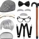 Old Men Costume Set Grandpa Accessories Fedora Hat Wig Moustache Suspenser Inflatable Walking Cane Cosplay Roaring 1920s Outfits for Men Grey