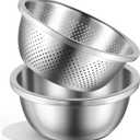 304 Stainless Steel Colander 3.5QT Microporous Colander and Large Bowl, Rice-Strainer with Salad Mixing Bowl Rice Washer Strainer Bowls for Washing Vegetables, Fruit and Rice, Dishwasher Safe(2PCS)