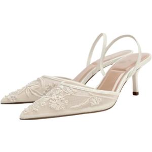 Women's Mesh Floral Embroidered Slingback Heels with Pearl Studded Pointed Toe Lace Heeled Sandals Backless Slip On Kitten Heel Pumps Wedding Party Shoes, Size 36 (US 5)