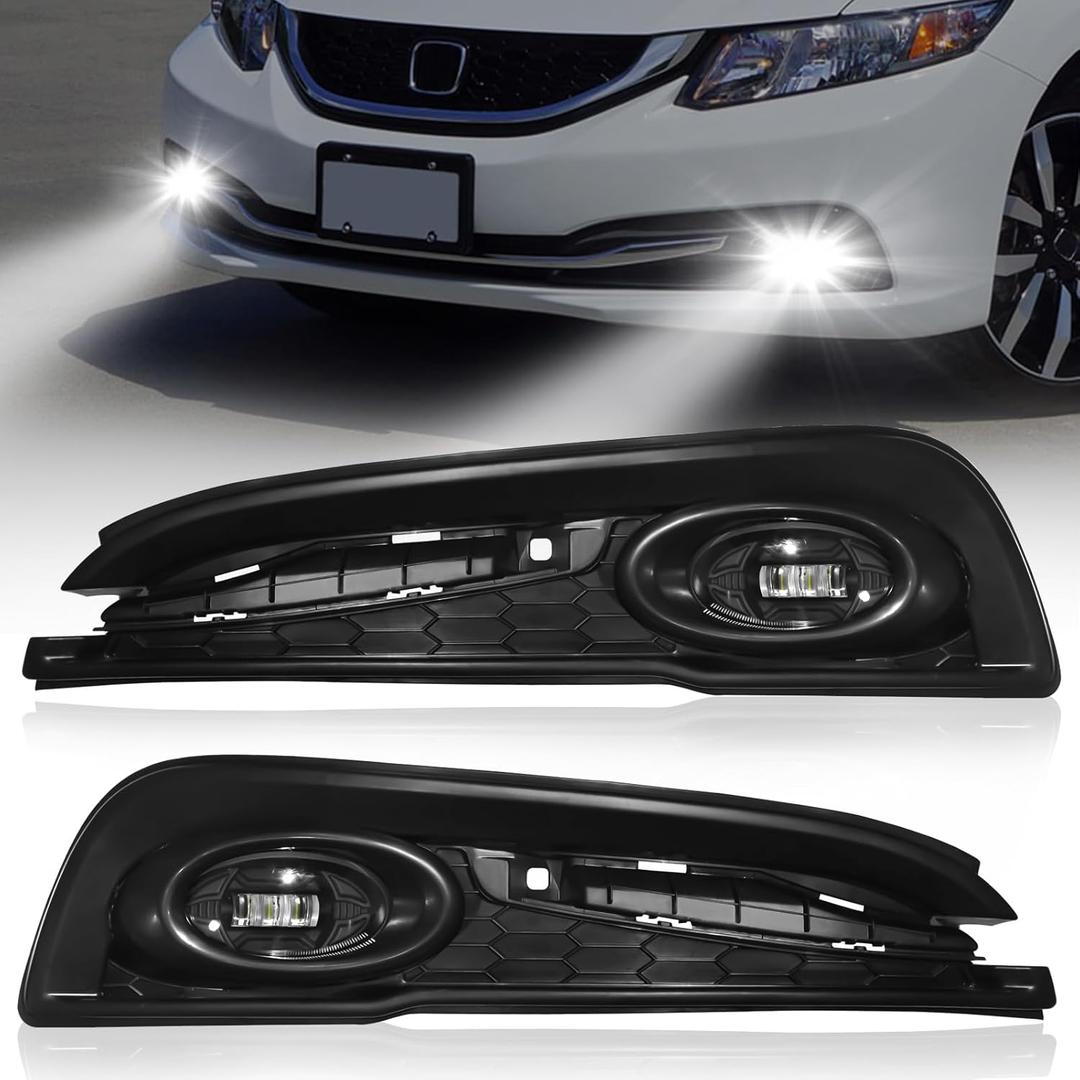 LED Fog Lights Fit for 2013 2014 2015 Honda Civic 4-Door Sedan,1 Pair Driving Fog Lamps, Front Bumper Fog Lamps Replacement with Wiring Harness,Clear Lens (2013-2015, LED)