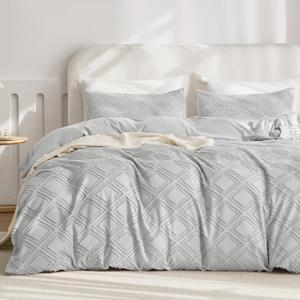 JELLYMONI Duvet Cover Queen Size Light Grey - 3PCS Boho Duvet Cover Set Plaid Microfiber Tufted Bohemian Jacquard Knit Textured Comforter Cover 9090in Rhombic Geometric Pattern Zipper Corner Tie