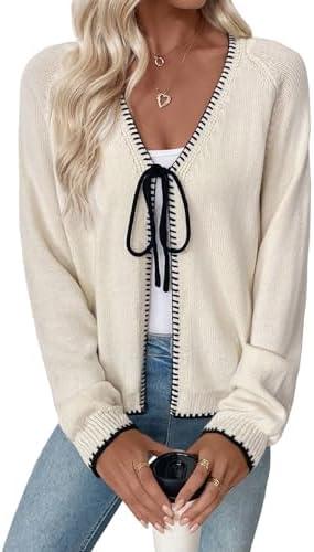 EVALESS Womens Cardigan Sweaters Trendy V Neck Long Sleeve Open Front Bow Tie Knit Chunky Lightweight Fall Outerwear M