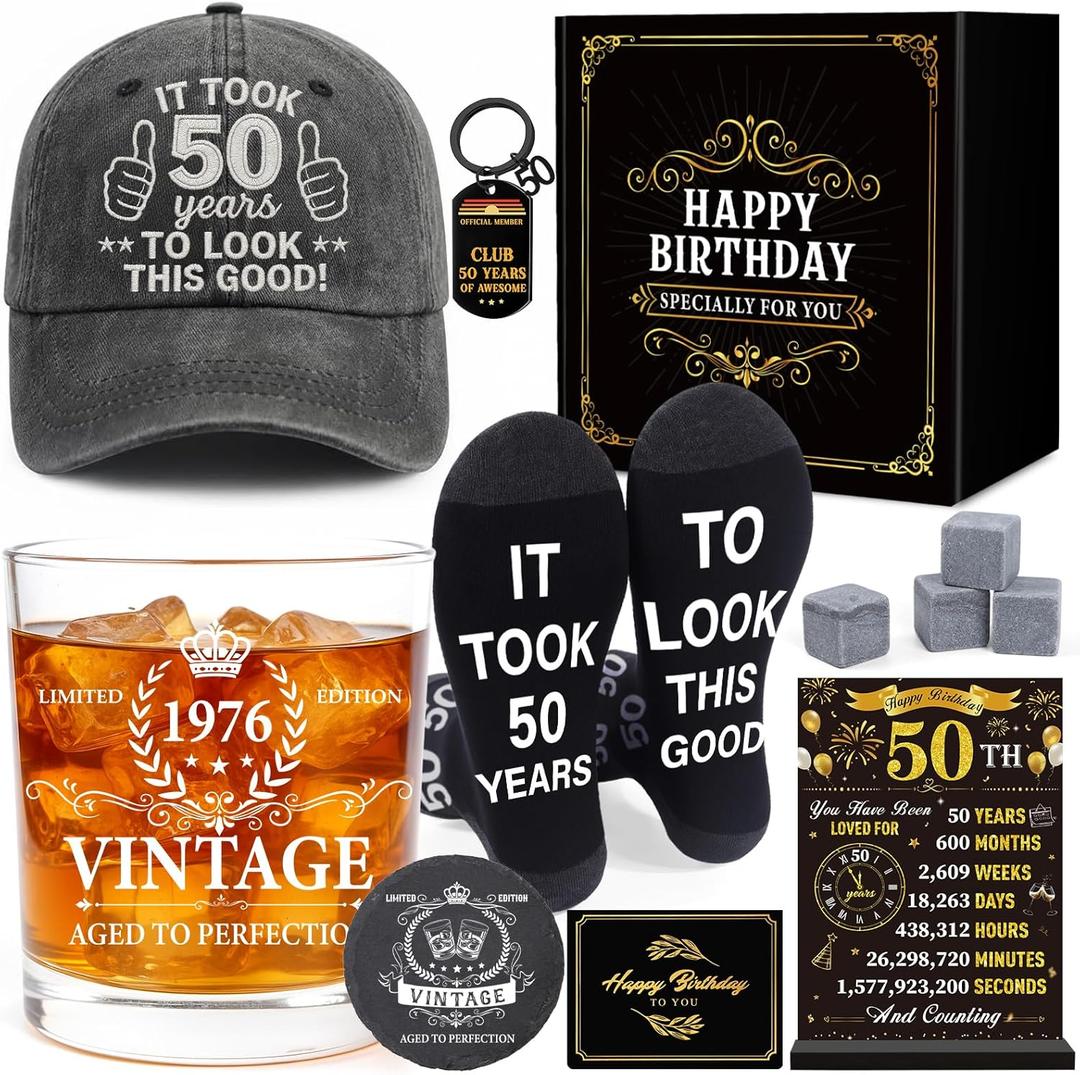 50th Birthday Gifts for Men Him, 50 Year Old Gifts Ideas for Dad Husband Man, Vintage Whiskey Glass Set with Glass Acrylic Standee Novelty Socks Coaster Stones Birthday Cards Keychain