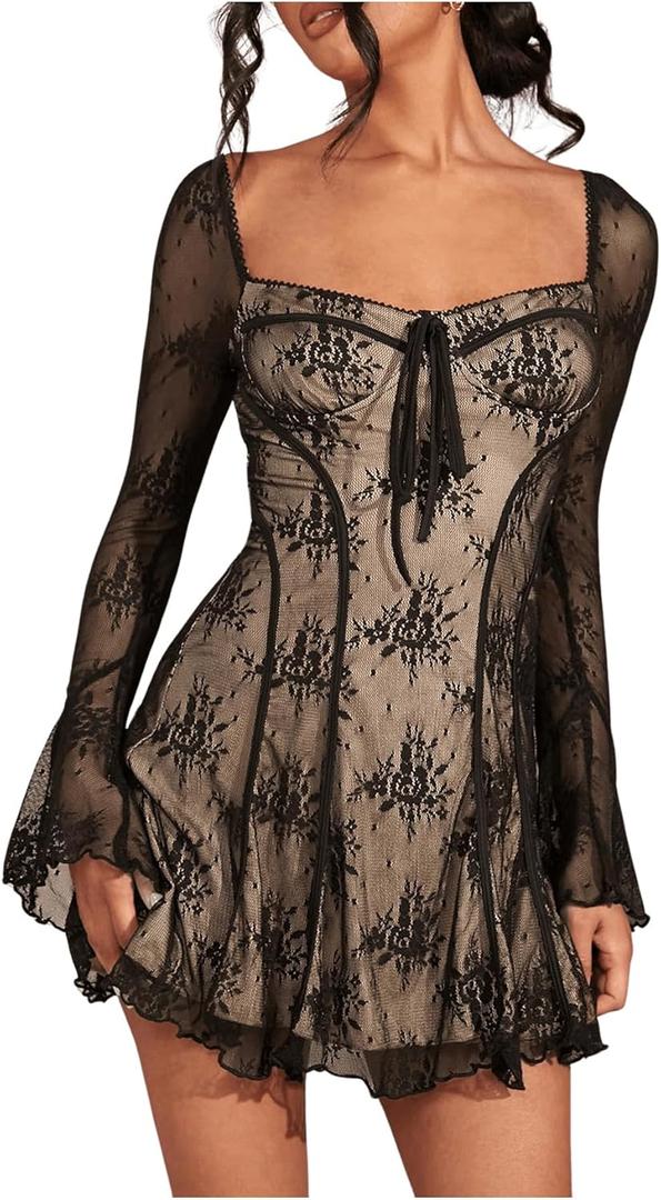 SOLY HUX Women's Lace Mesh Flare Long Sleeve Mini Dress Ruffle Flowy Party Cocktail Dresses (Medium) Black Lace