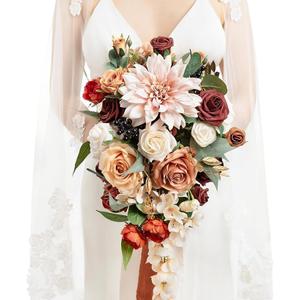 Ling's moment Terracotta Bridal Bouquet Cascading, Orange Wedding Bouquets for Bride, 13 Inch Bride Bouquets for Wedding Artificial Flowers Bouquets