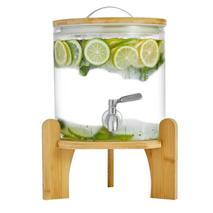 Beverage Dispenser 1.5 Gallon with Spigot Glass Water Dispenser for Parties, Bars, Restaurants (5L）with Wood Stand Drink Dispensers