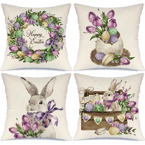 MODOVOS Easter Tulips Eggs Wreath Rabbit Throw Pillow Covers 18x18 Set of 4 Buuny Spring Farmhouse Cushion Case Decoration for Sofa Couch