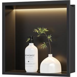 Neodrain Recessed Shower Niche with Light, 12"X12" Matte Black Stainless Steel Wall Niches with 3000K LED Light, NO Tile Needed for Bathroom Storage Waterproof Shelf, 12X12In