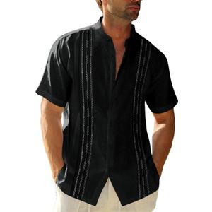 Runcati Mens Short Sleeve Guayabera Shirts Linen Cotton Button Down Mexican Embroidered Cuban Wedding Shirt Summer Beach Tops (05 Black), XL
