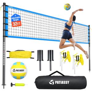 Outdoor Volleyball Net Set for Backyard & Beach, 32FT Regulation Size, Easy Setup Adjustable Height Poles, Portable Net System with PU Volleyball, Pump & Carry Bag